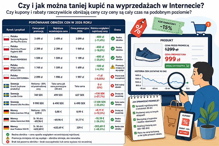 Porównanie realnych obniżek cen w sklepach internetowych w 2026 roku - Polska, Szwecja i Niemcy